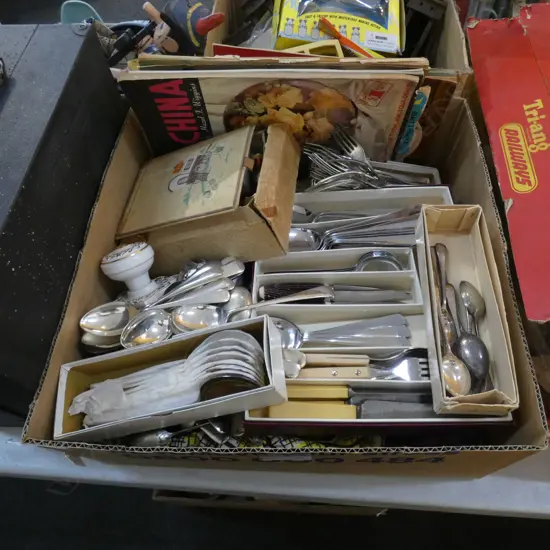 BOX LOT VINTAGE FABRICS, ASST. CUTLERY ETC