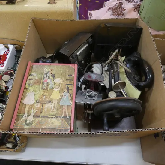 BOX LOT SEWING MACHINES, OLD BLACK PHONE ETC