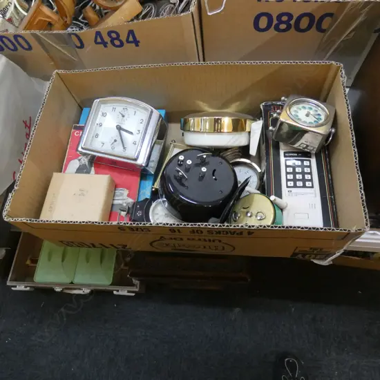 BOX LOT VINTAGE CLOCKS ETC