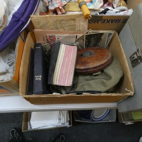 BOX LOT TAPE MEASURE, BIBLES, WWII ERA ITEMS ETC