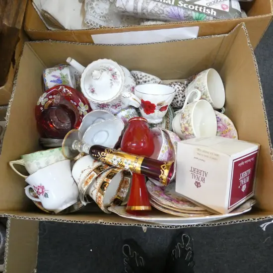 BOX LOT ASST. CHINA INCL. ROYAL ALBERT, VENETIAN GLASS, ETC