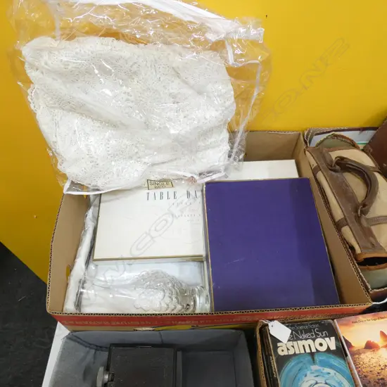 BOX LOT ASST. LINENS & BOXED CUTLERY, 18PCE ROYAL WINCHESTER TEA SET, NEW IN BOX ETC