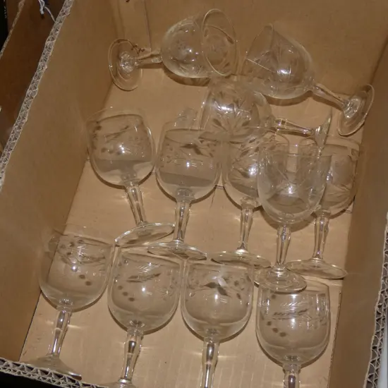BOX GLASSES; 2 SETS 6 ETCHED WINE GLASSES