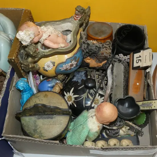 BOX LOT ORIENTAL ITEMS; EP, DOLLS ETC