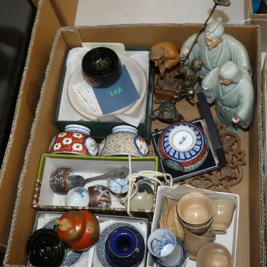 BOX LOT ASST. JAPANESE CERAMICS, FIGURINES ETC
