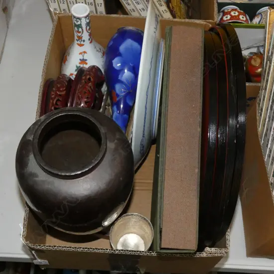 BOX LOT JAPANESE WOOD BLOCK PRINTS, ASST. CERAMICS ETC
