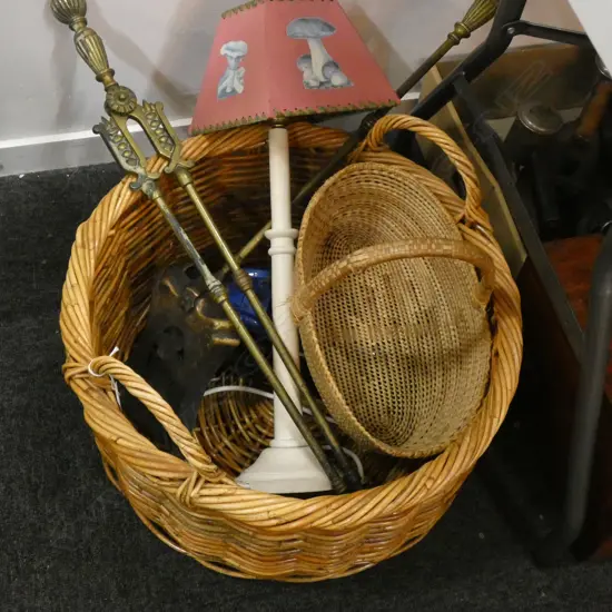 WOVEN BASKET + 2 FIRE TOOLS, LAMP, CAR ETC