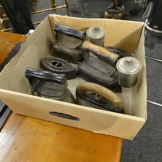 BOX ANTIQUE IRONS INCL KENRICK ETC..