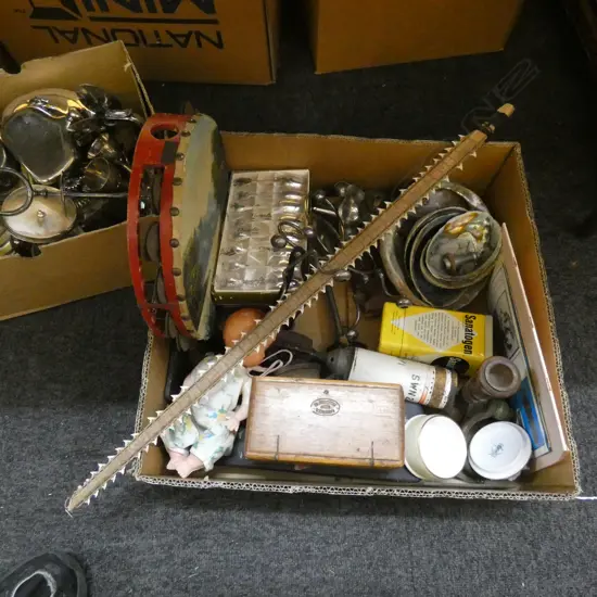 BOX LOT TAMBOURINE, PAUA, ETC 