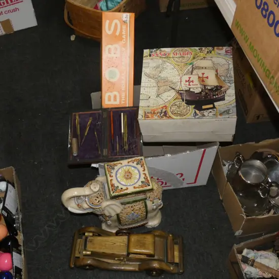 BOX LOT SANTA MARIA, WOODEN CAR, ELEPHANT ETC