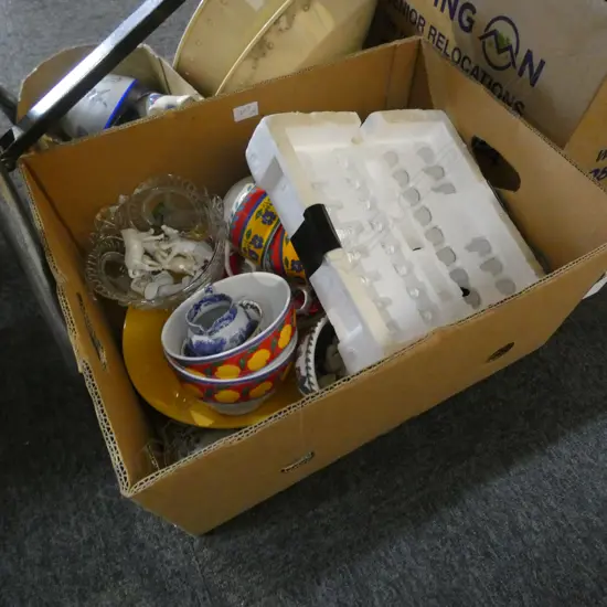 BOX LOT ASST. CHINA; MASONS, SPODE + CHESS SET