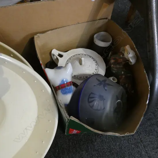 SM BOX LOT ASST INCL. STAFFORDSHIRE FIG. /TEAPOT ETC.