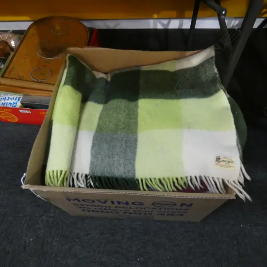 BOX LOT WOOLEN BLANKETS; GREEN ONEHUNGA MILLS TIKI LABEL ETC 