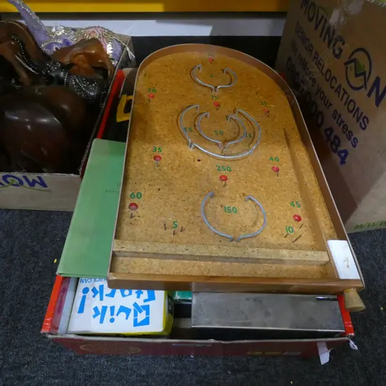 BOX LOT VINTAGE TOYS; PINBALL BOARD ETC