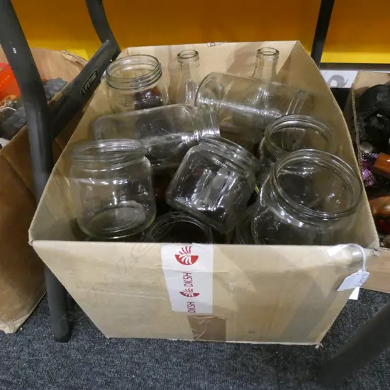LG BOX LOT ASST OLD AMBER & CLEAR GLASS JARS & BOTTLES 