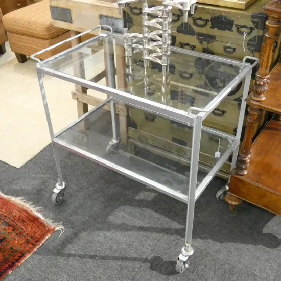 INDUSTRIAL STEEL & GLASS TROLLEY...