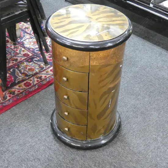 DECO STYLE CYLINDRICAL SIDE CABINET; 5 DRAWERS, SMALL LOSS TO BASE H.650mm