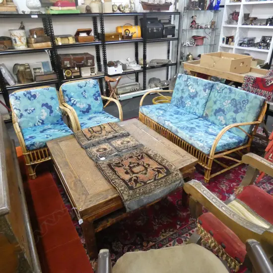 3 PCE VINTAGE BAMBOO & CANE LOUNGE SUITE w. RETRO BLUE UPHOLSTERY