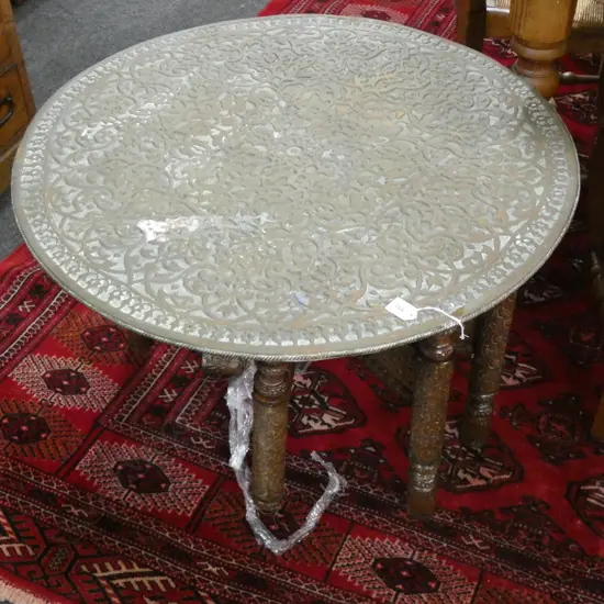 LARGE FANCY BRASS TOPPED FOLDING TRAY TABLE one leg a/f