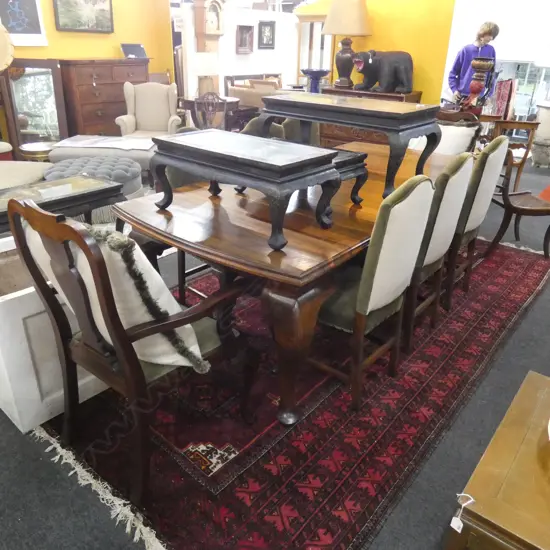 QUEEN ANNE STYLE DINING TABLE 1540x1080mm + 2 LEAVES & 8 CHAIRS IN GREEN VELVET (2 ARE CARVERS)