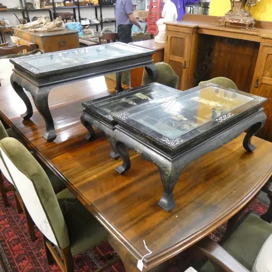 3 NESTING CHINESE BLACK LACQUER PICTURE TOP COFFEE TABLES; MARBLE & GILT L.900mm