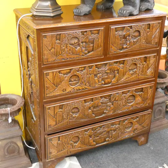 CHINESE ORNATELY CARVED 5 DRAWER CHEST...