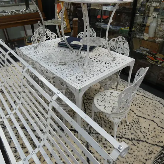 6 ENDERSLEY WHITE PAINTED ALUMINIUM CHAIRS & TABLE