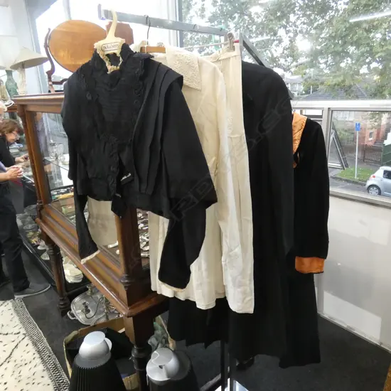 EDWARDIAN WHITE LINEN SUIT; SKIRT & JACKET + BLACK JACKET + 20S COAT & BLACK CAPE
