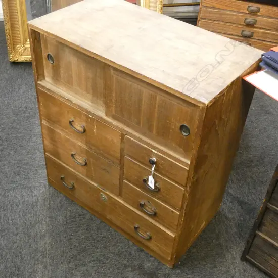 OLD JAPANESE WOODEN CABINET 6 DRAWER 2 DR 560x310x630mm