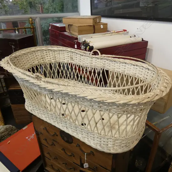 VINTAGE WHITE PAINTED CANE BASSINET 