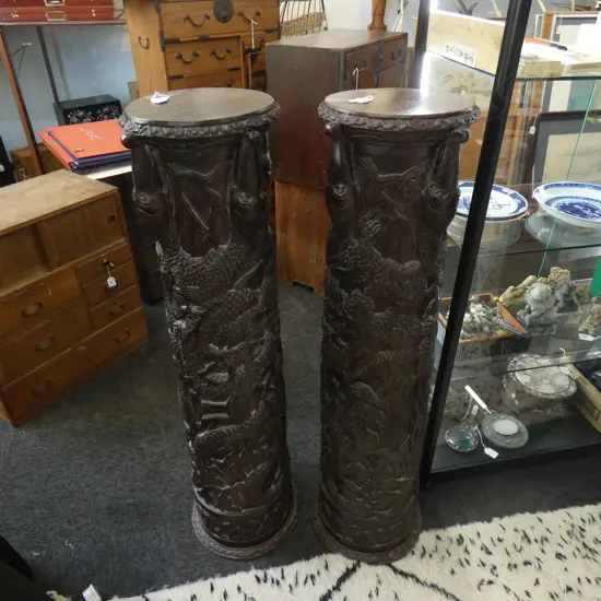 PR LG ORNATELY CARVED HARDWOOD PEDESTAL COLUMNS H.1070 DIA 290MM