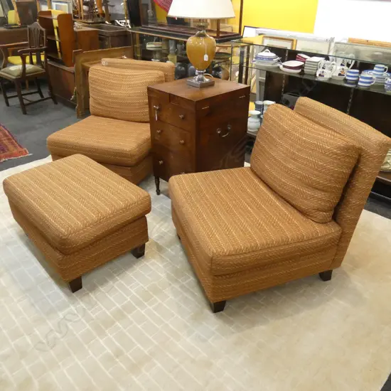 PR UPHOLSTERED SLIP CHAIRS + MATCHING OTTOMAN