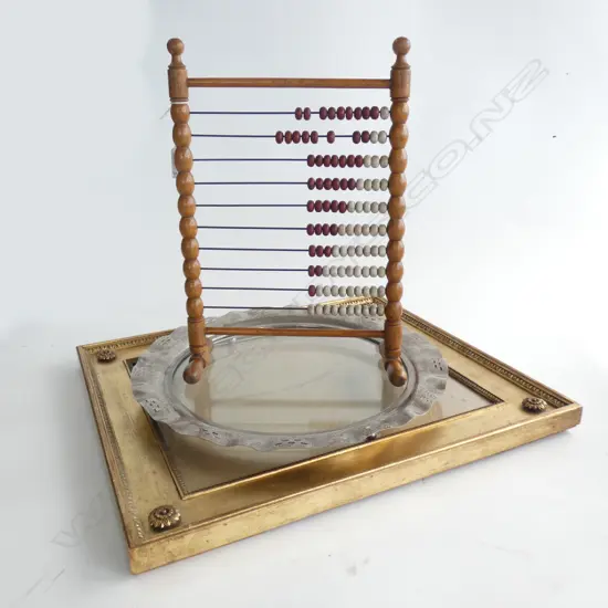 WOODEN ABACUS H.350mm, EP TRAY 350mm dia & OLD GILT FRAME