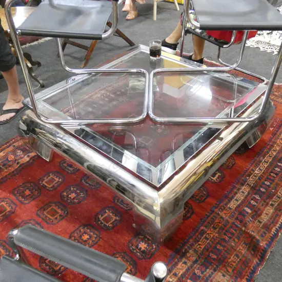 CONTEMPORARY CHROME ORIENTAL STYLE SQUARE COFFEE TABLE GLASS TOP 1100mm sq