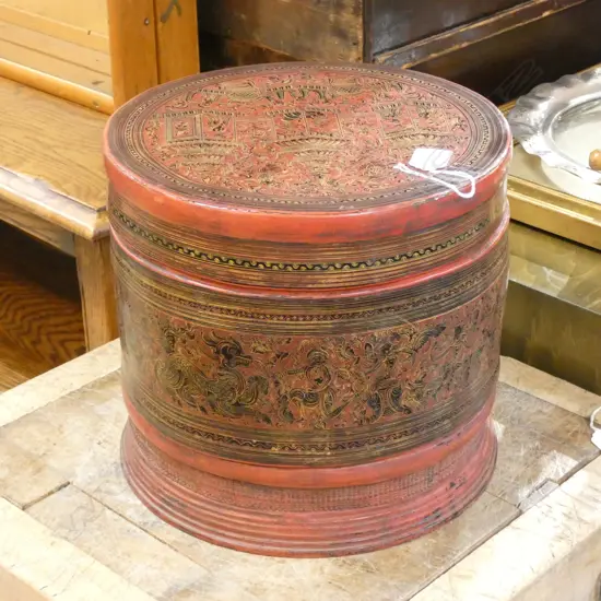 STACKING RED LACQUER ORIENTAL BOX 280mm dia H.260mm