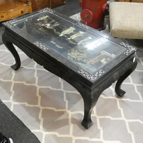 CHINESE BLACK LACQUER PICTURE TOP COFFEE TABLE; MARBLE & GILT L.1070mm