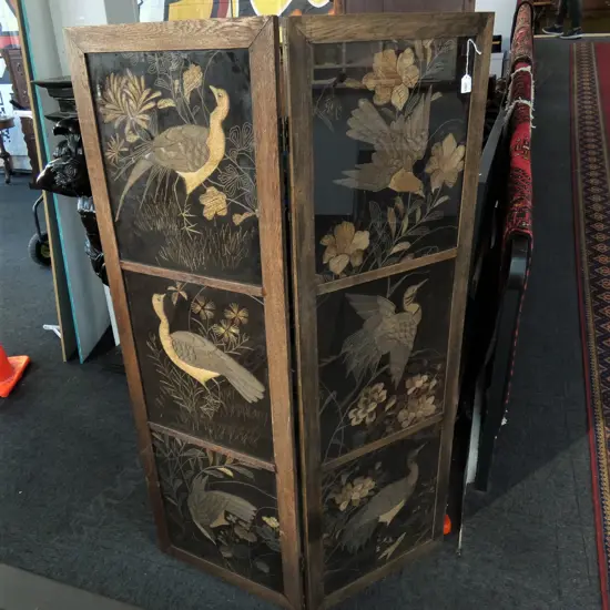 HAND EMBROIDERED 2 PANEL SCREEN GLAZED BIRDS & FLORALS OAK FRAME H.1550mm