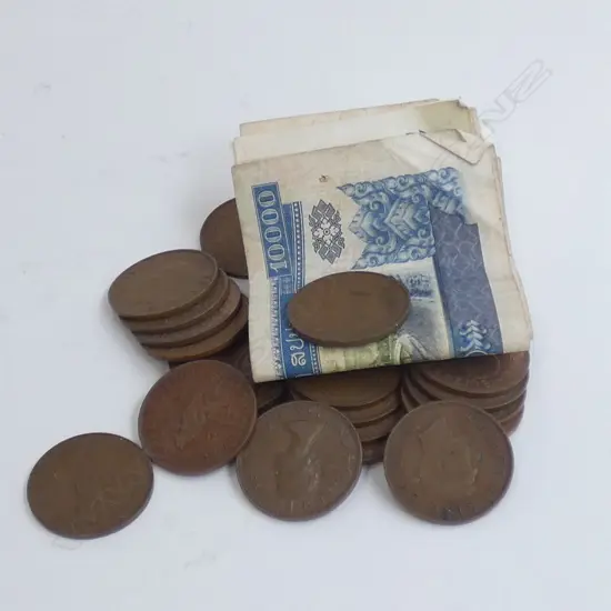 BAG OF NZ PENNIES & ASIAN BANK NOTES