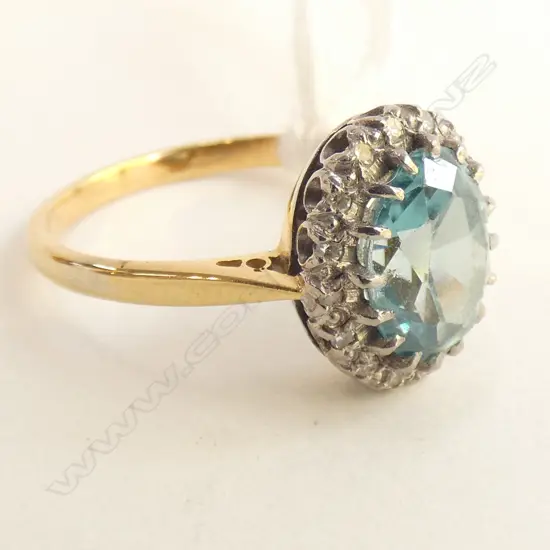18CT GOLD BLUE ZIRCON ? WITH SINGLE CUT DIAMOND CLUSTER RING
