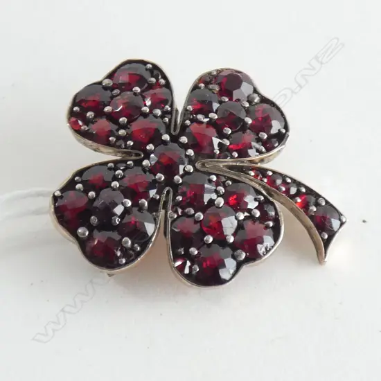 SILVER AND GOLD BOHEMIAN GARNET FOUR LEAF CLOVER BROOCH
