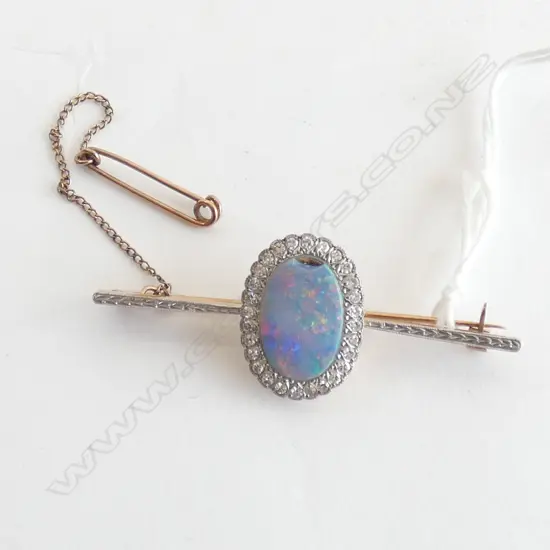 15 CT PLATINUM TOP OPAL & SINGLE CUT DIAMOND BROOCH AF 5 GRAMS