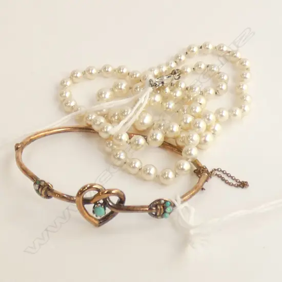 VINTAGE 9CT GOLD HEART BANGLE W STONES & FAUX PEARL NECKLACE STG CLASP