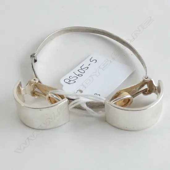 PAIR STERLING SILVER CLIP ON EARRINGS AND CHILD'S SILVER BANGLE