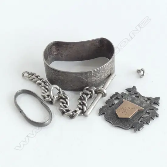 SILVER AND GOLD MEDAL (AF)/SILVER NAPKIN RING/SILVER CHAIN PIECES