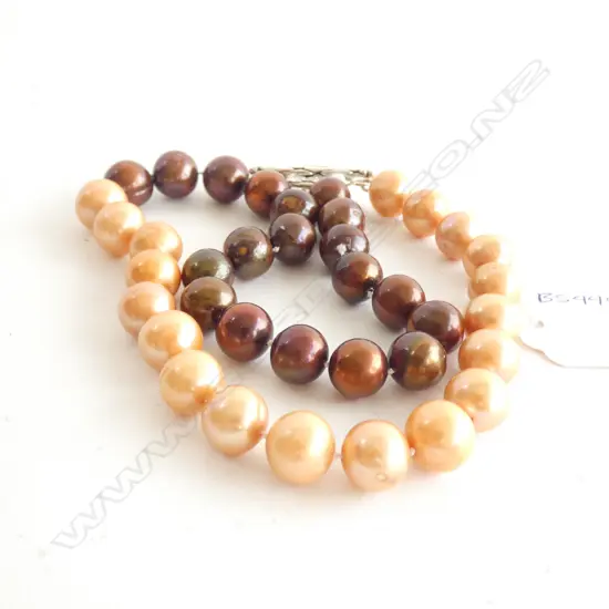 BRONZE-GOLD BI-COLOUR 10-13mm PEARL NECKLACE (SILVER RING AND BAR)