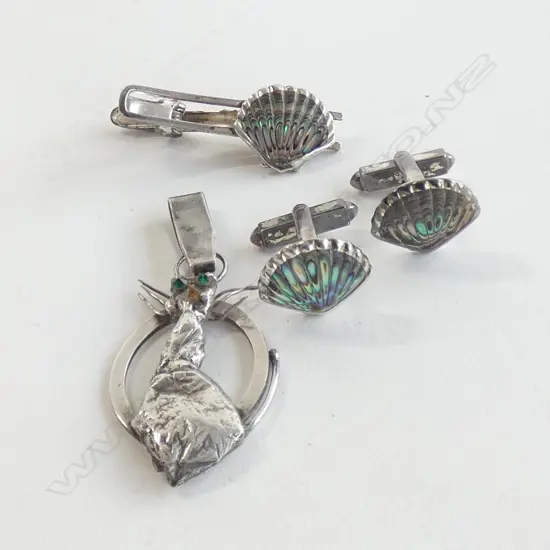 STG SILVER & NZ PAUA TIE PIN & CUFF LINKS SET + STG CAT BROOCH