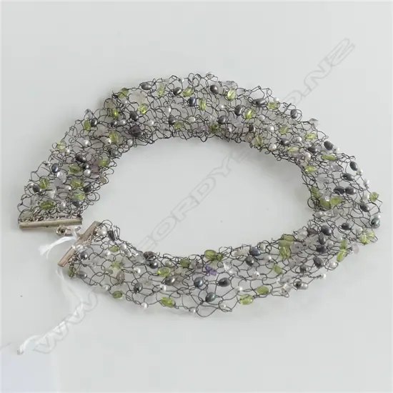 STG SILVER WOVEN WIRE COLLAR NECKLACE - GREY & WHITE PEARLS & STONES 