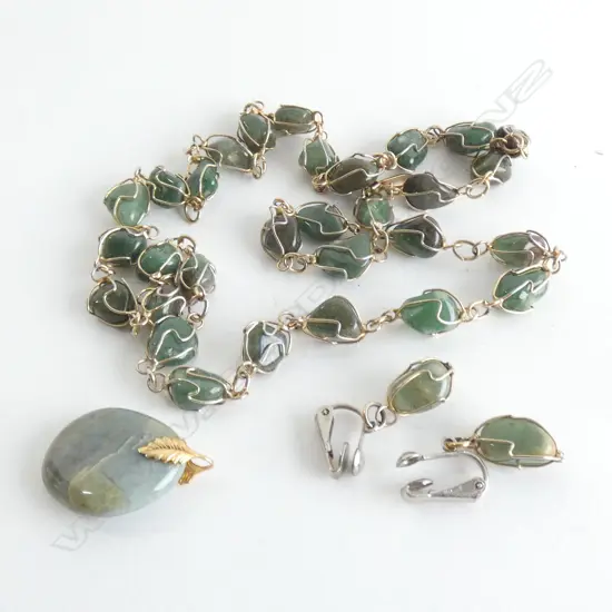 JADE (?) GOLD PLATED NECKLACE EARRINGS & PENDANT 