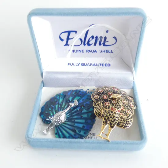 TWO PEACOCK BROOCHES; 1 PAUA SHELL & 1 ENAMEL 