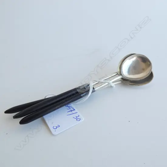 3 UNMARKED (STG SILVER?) & EBONY TEASPOONS